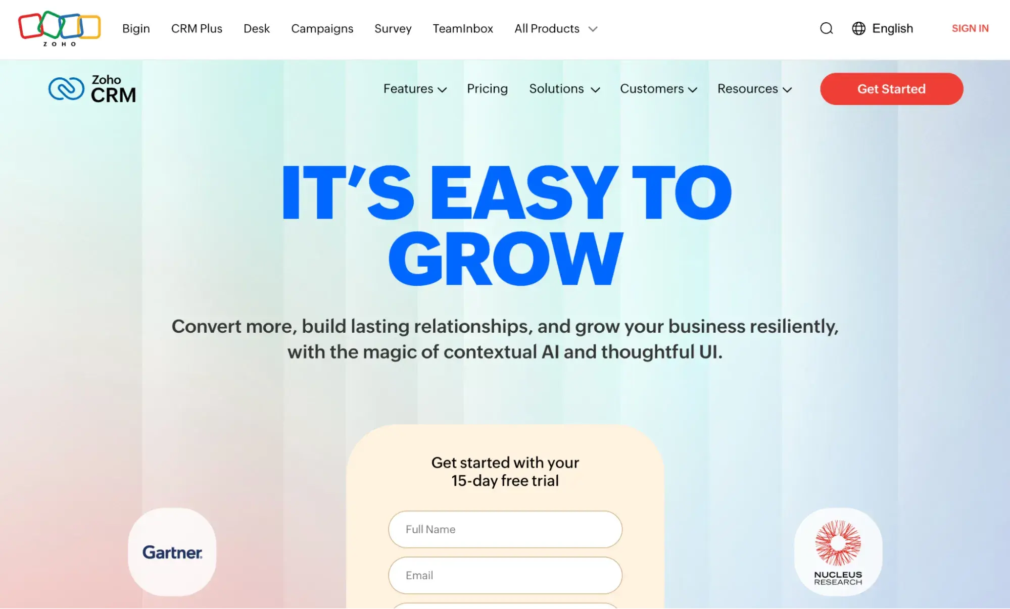 best SaaS website design example: zoho