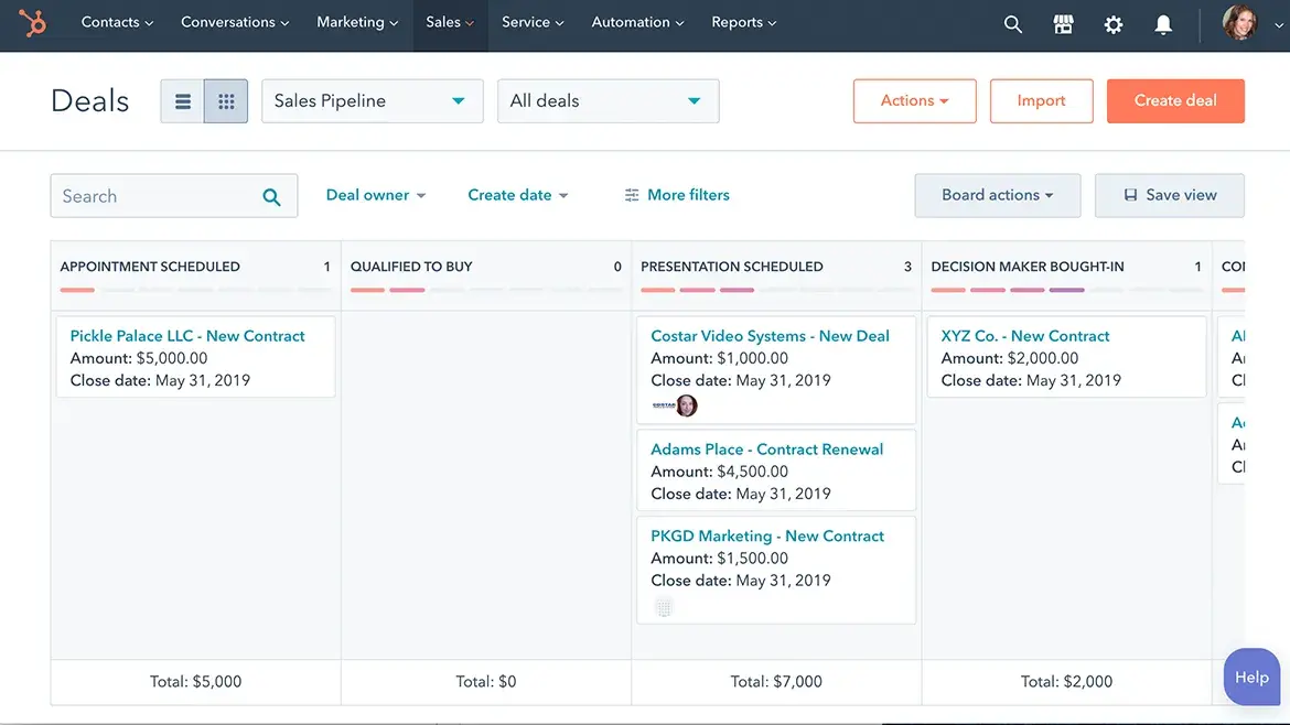 hubspot sales tracker interface showing how you can manage different accounts and their subsequent deals.