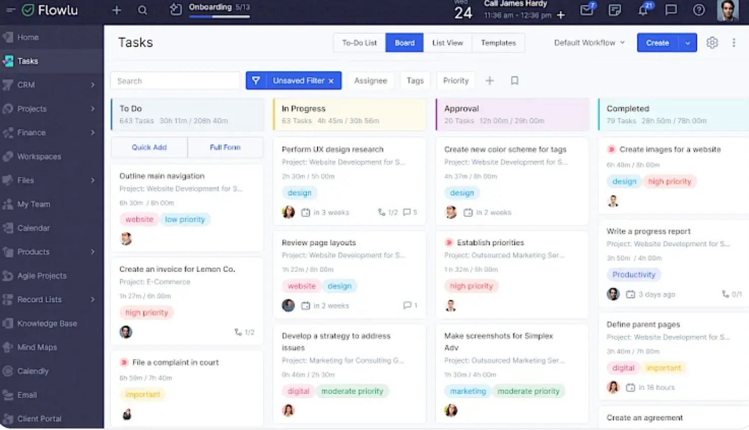 flowlu sales tracker displays your different tasks with assigned sales personnel and priority range