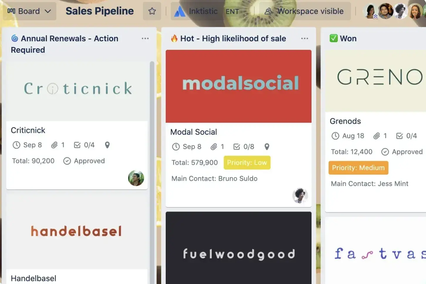 Trello displays your sales pipeline with different company logos and priority trackers.