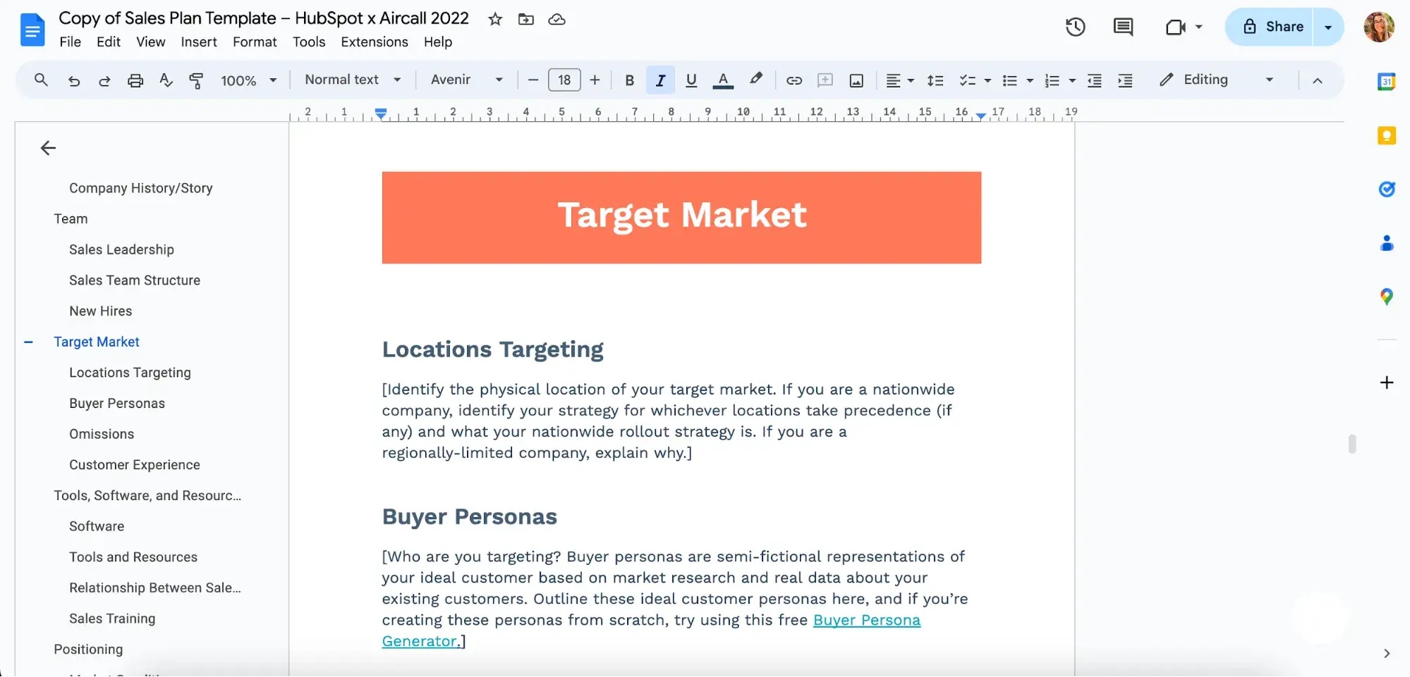 HubSpot's free sales plan template