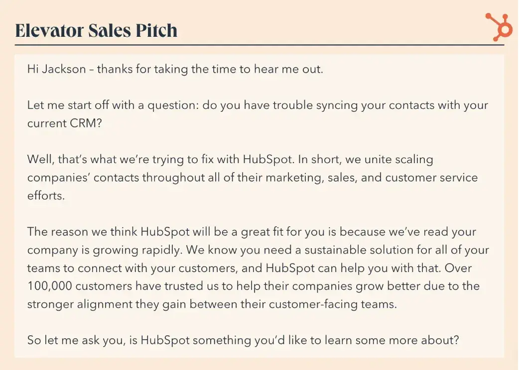 example of a sales pitch elevator pitch covering the benefits of hubspot's crm