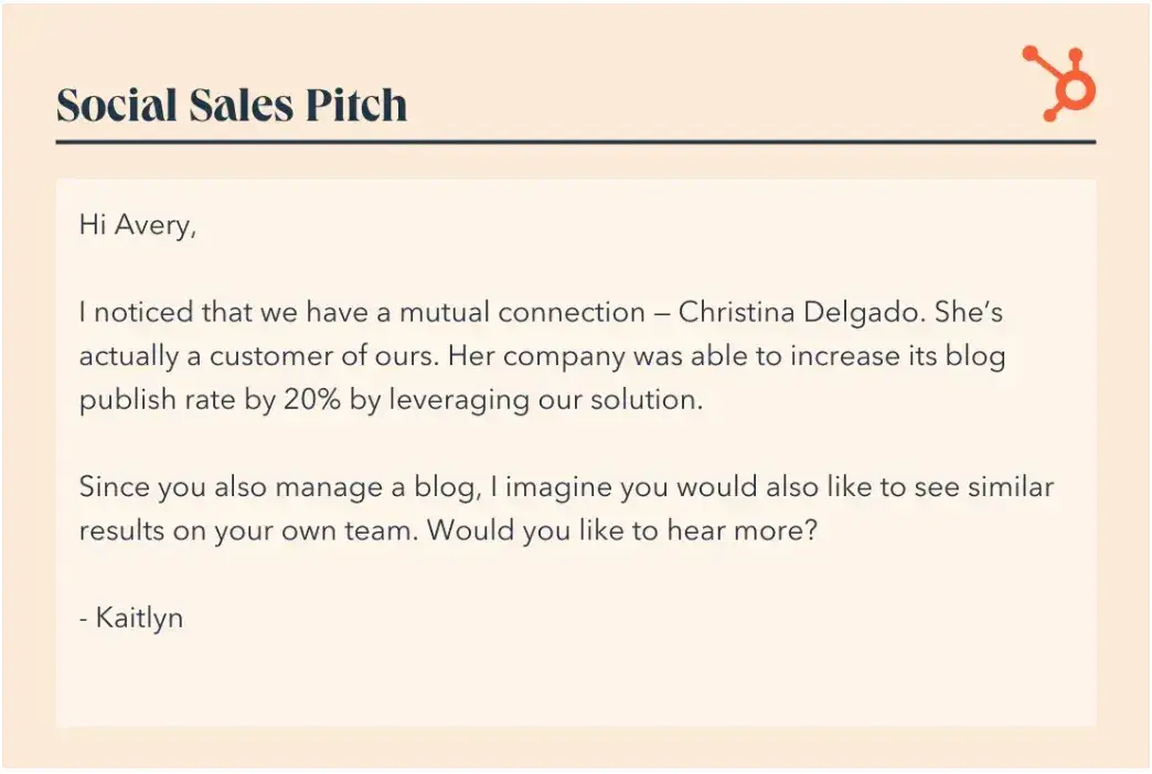 example of a sales pitch conducted via social media that references a mutual connection between the sales rep and the prospect