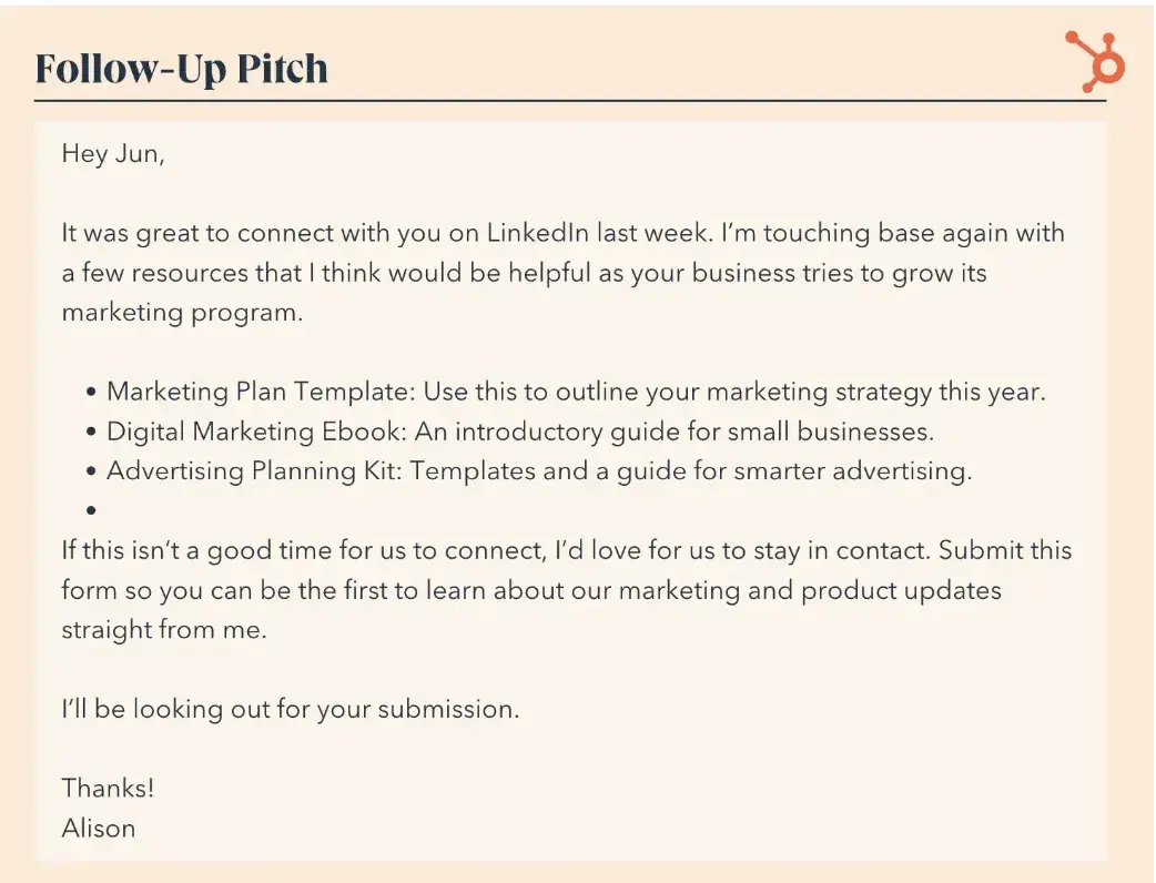 example of a sales pitch that revolves around a following up with a prospect