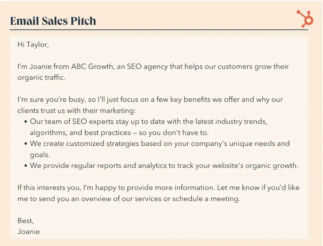 example of a sales pitch conducted via email