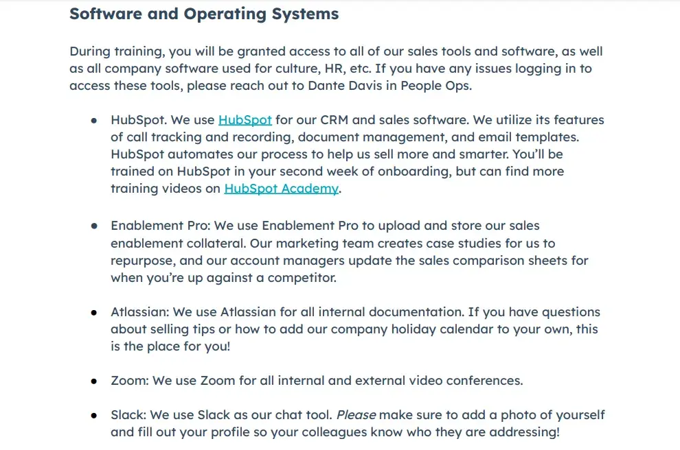 This screenshot from HubSpot’s sales training plan shows how sales teams are introduced to the software used within their roles.