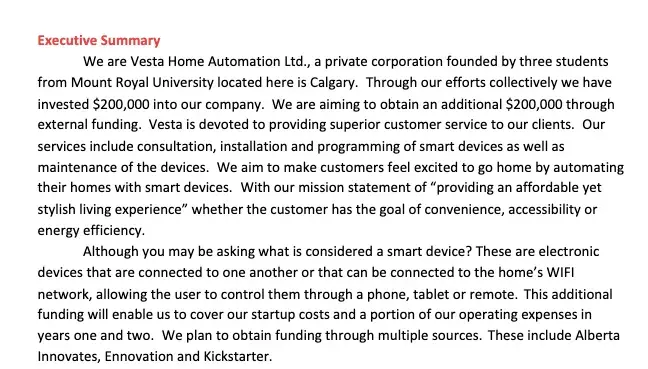 Vesta Home Automation business plan example