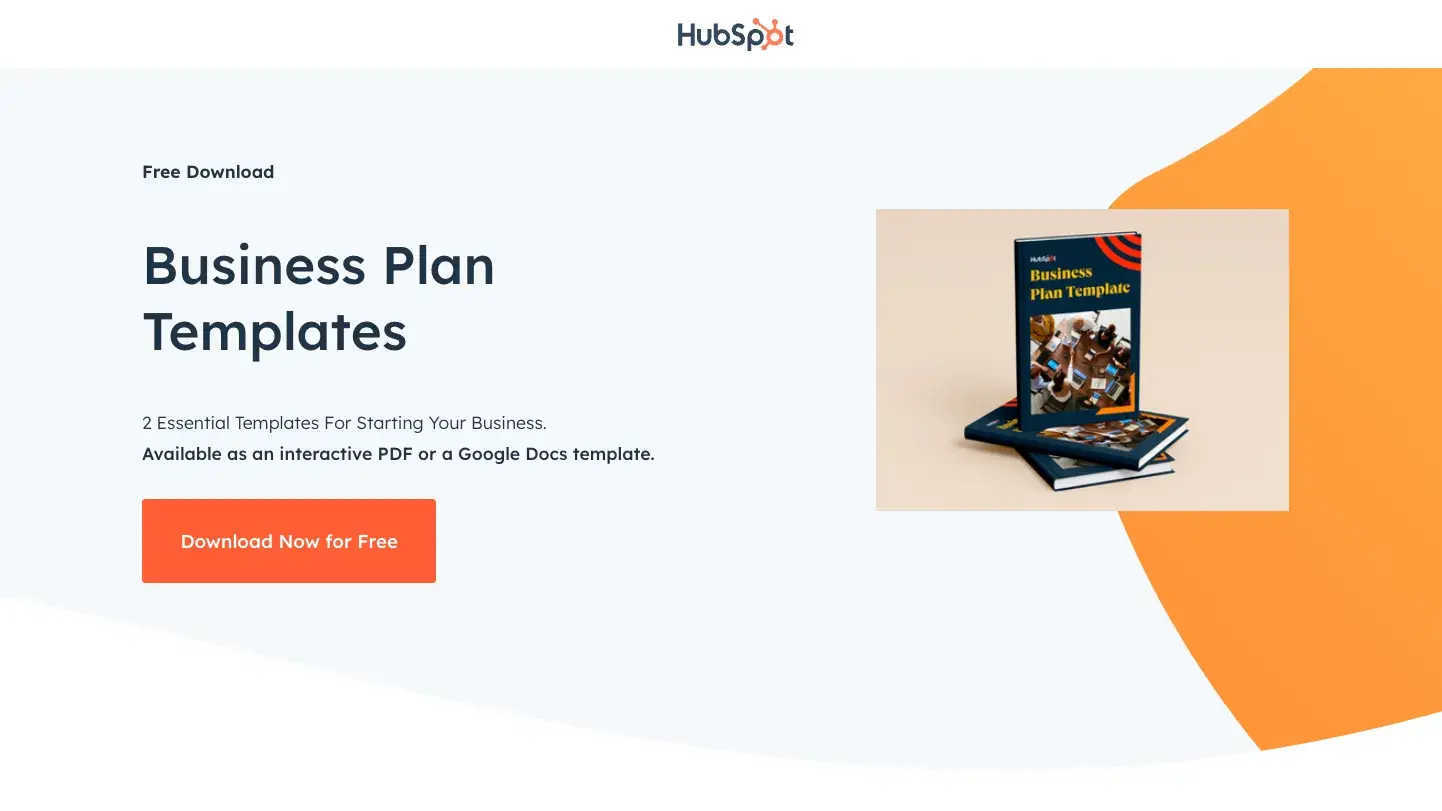 Screenshot of business plan templates download page from Hubspot