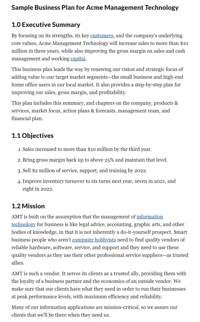 Screenshot of business plan template from thoughtco