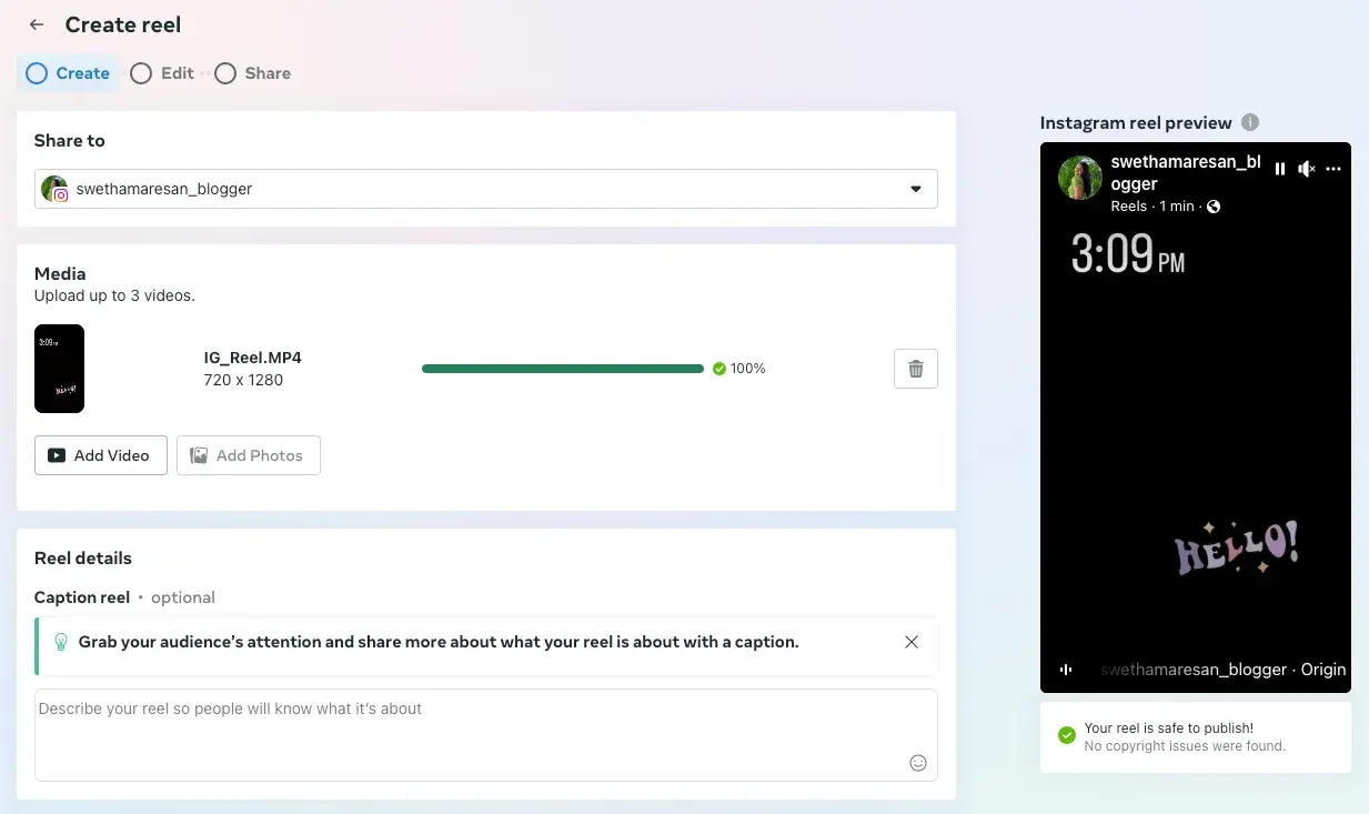 how to schedule instagram reels: After video uploads, Meta will perform a copyright check.