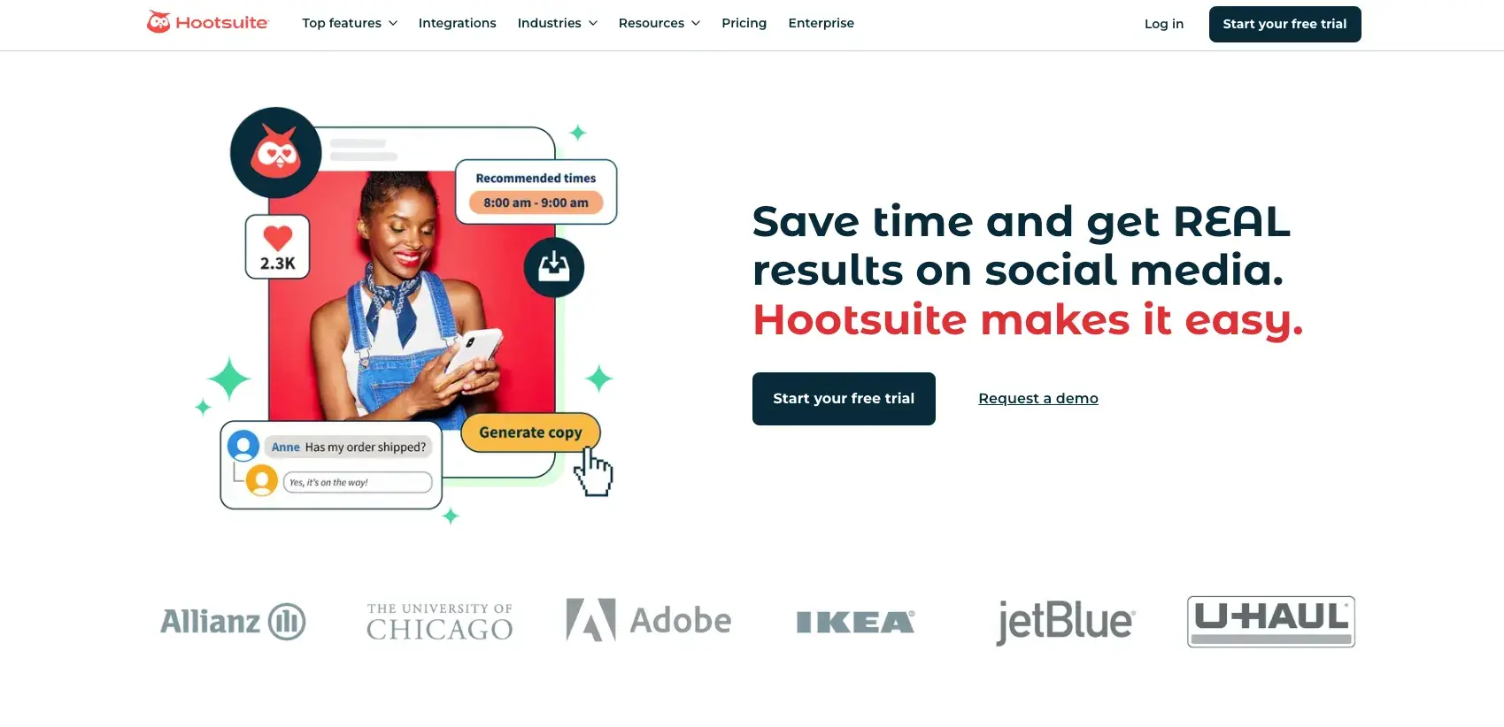 schedule instagram reels with Hootsuite; Hootsuite homepage.