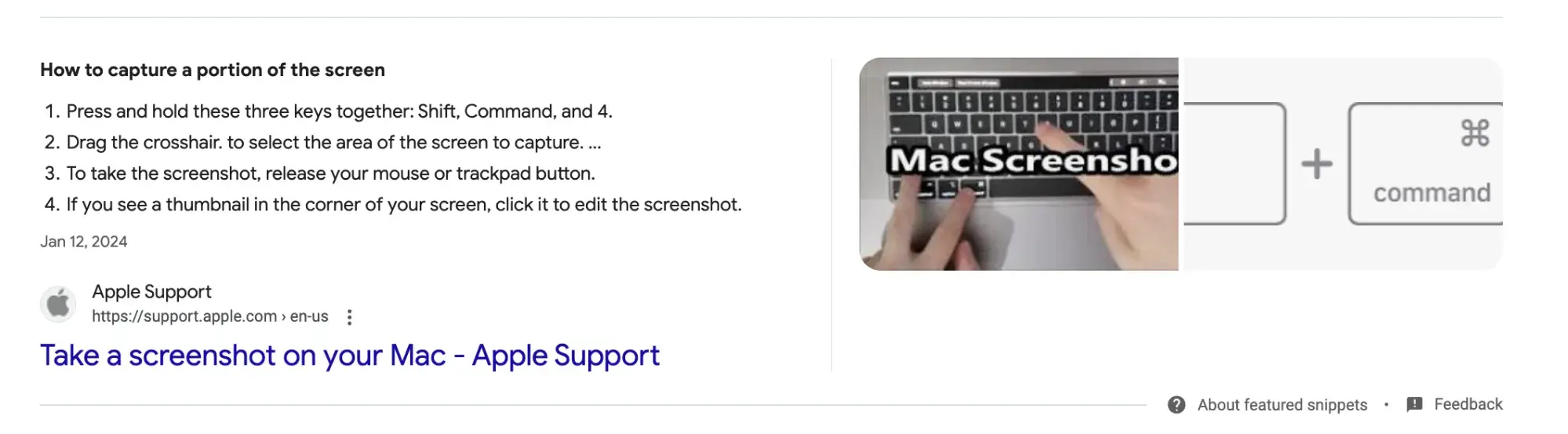 Screencap of the featured snippet on the SERP for “how to screenshot on a mac.”