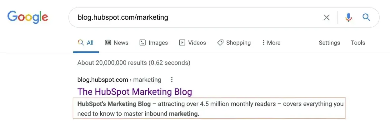 Screencap of a Google search for “blog.hubspot.com/marketing,” with a description of the blog as the top result. 