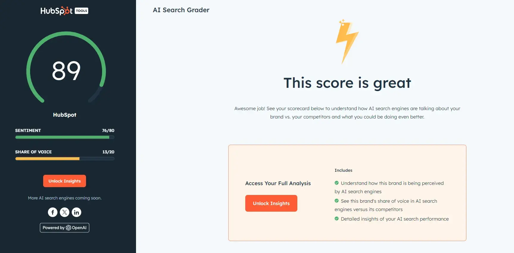 screenshot of hubspot’s search grader tool that shows startups their prominence in ai-search engines.