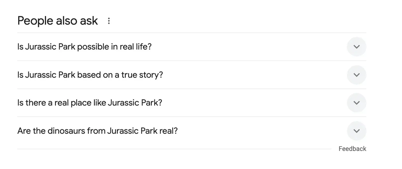 “People also ask” section of Google’s SERPs for the query “is Jurassic Park real.”