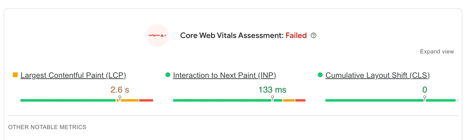 google pagespeed insights largest contentful paint results showing 2.6 seconds