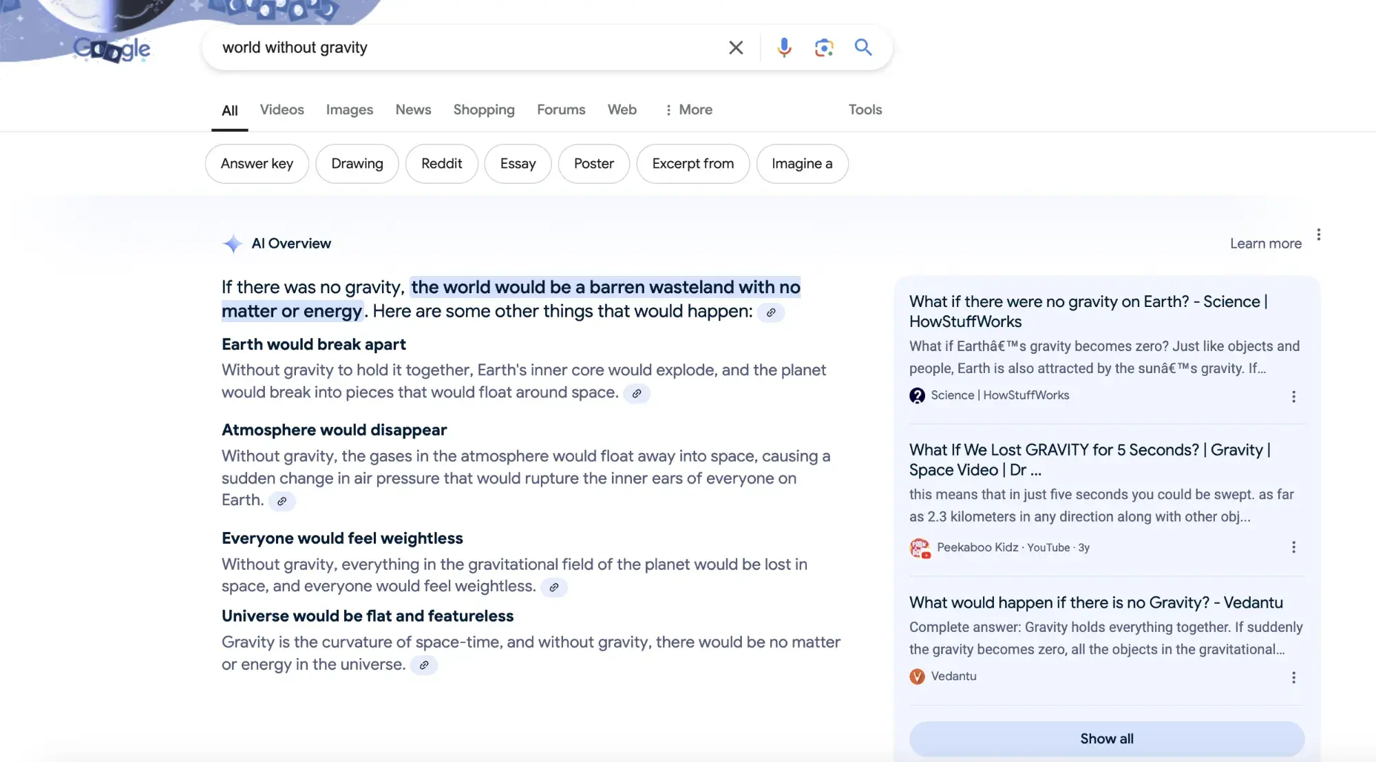 Screencap of Google results page, including an AI Overview, for the query “world without gravity.”