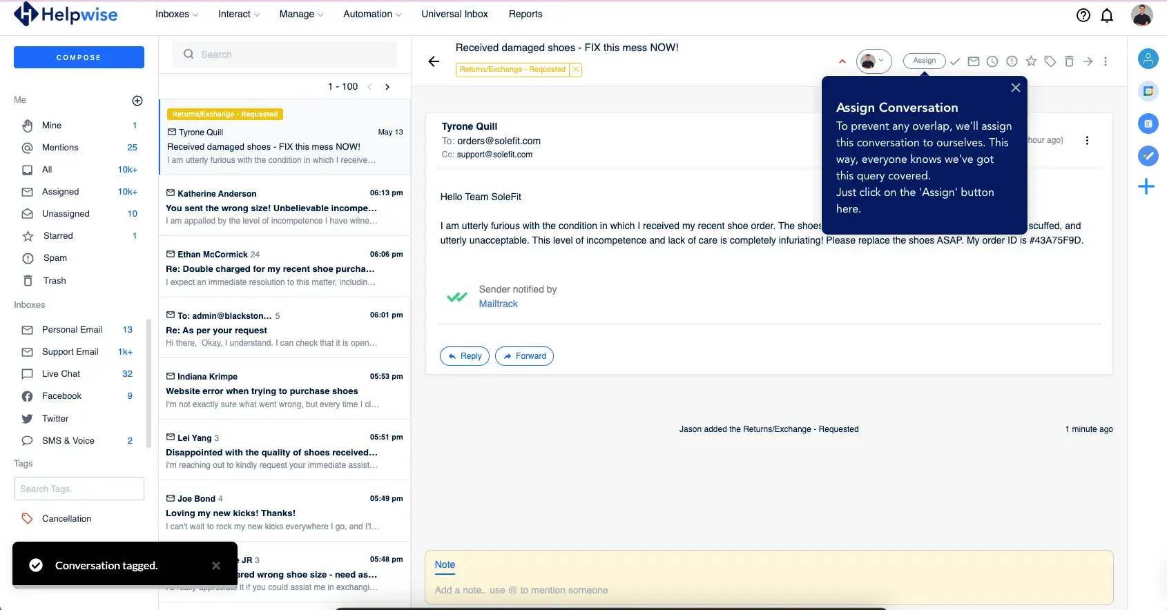 Screenshot of Helpwise's user interface showcasing multi-channel support and real-time collaboration features.