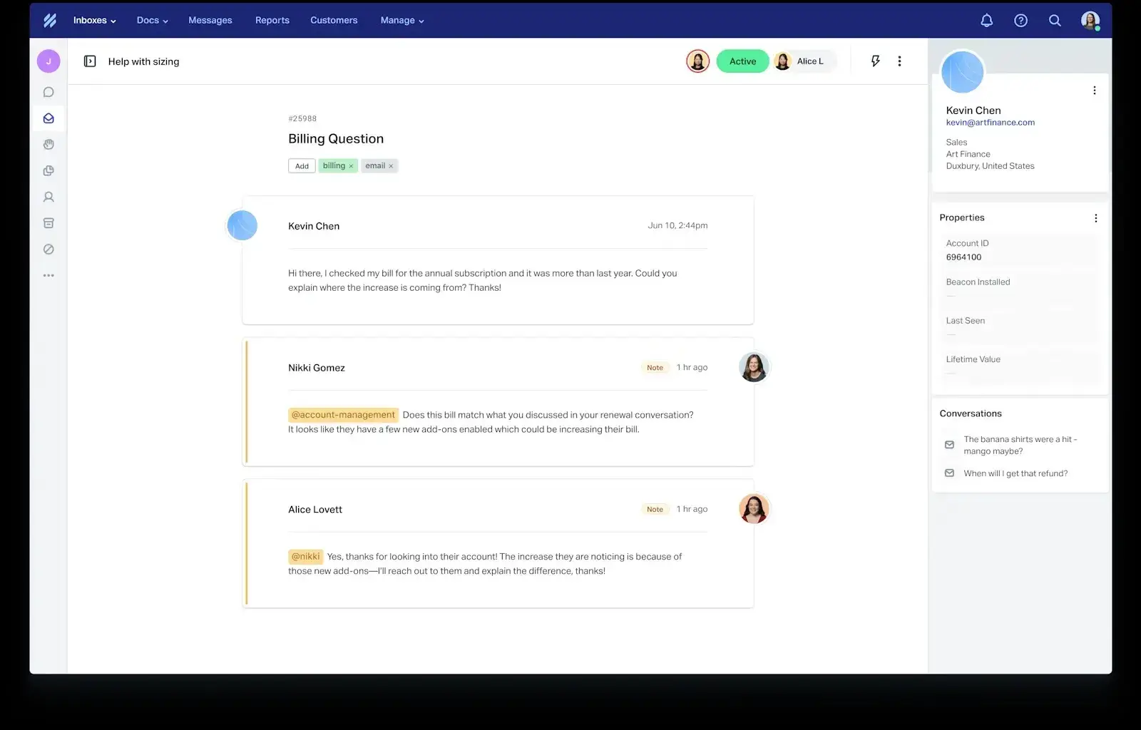 Help Scout interface illustrating the shared inbox and customer management features, with a focus on email organization and support ticket handling.