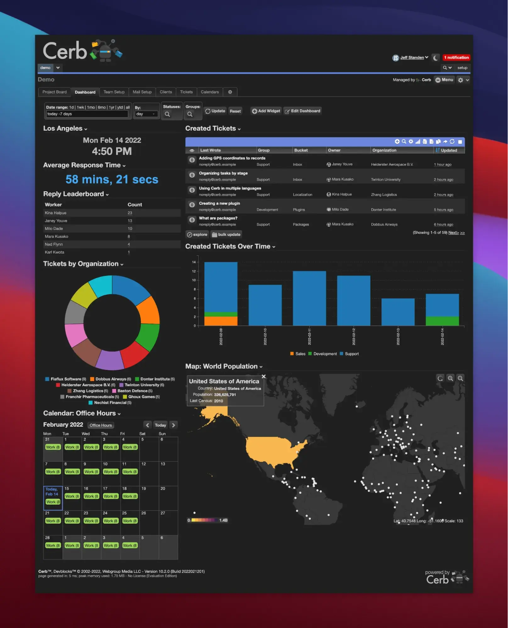 Cerb dashboard interface showcasing various widgets and tools for task management, communication, and productivity tracking.