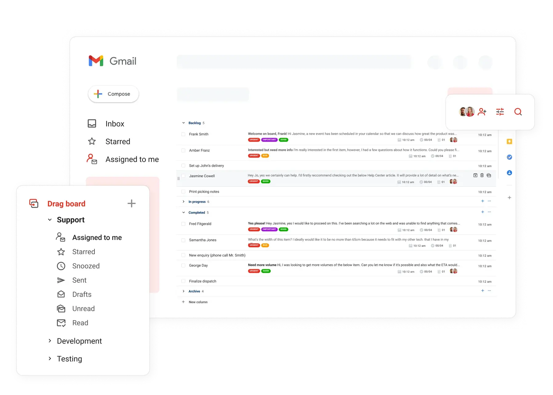 Drag interface showcasing shared inbox and task management in Gmail.