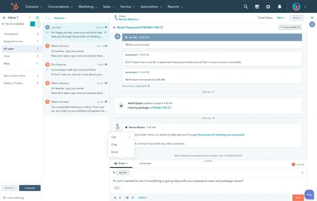 Screenshot of HubSpot’s shared inbox for customer conversations with various support channels.