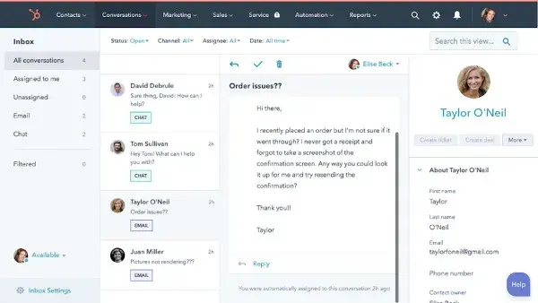 HubSpot CRM shared inbox tool interface displaying chat, email, and team collaboration features for streamlined customer communication.