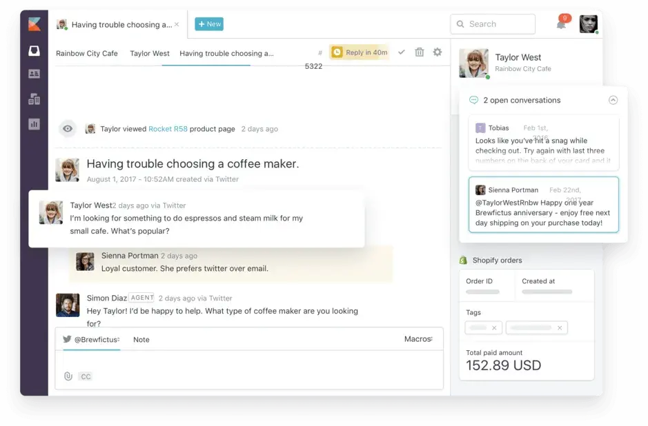 Screenshot of Kayako's shared inbox interface displaying unified customer interactions from email, social media, and live chat channels.