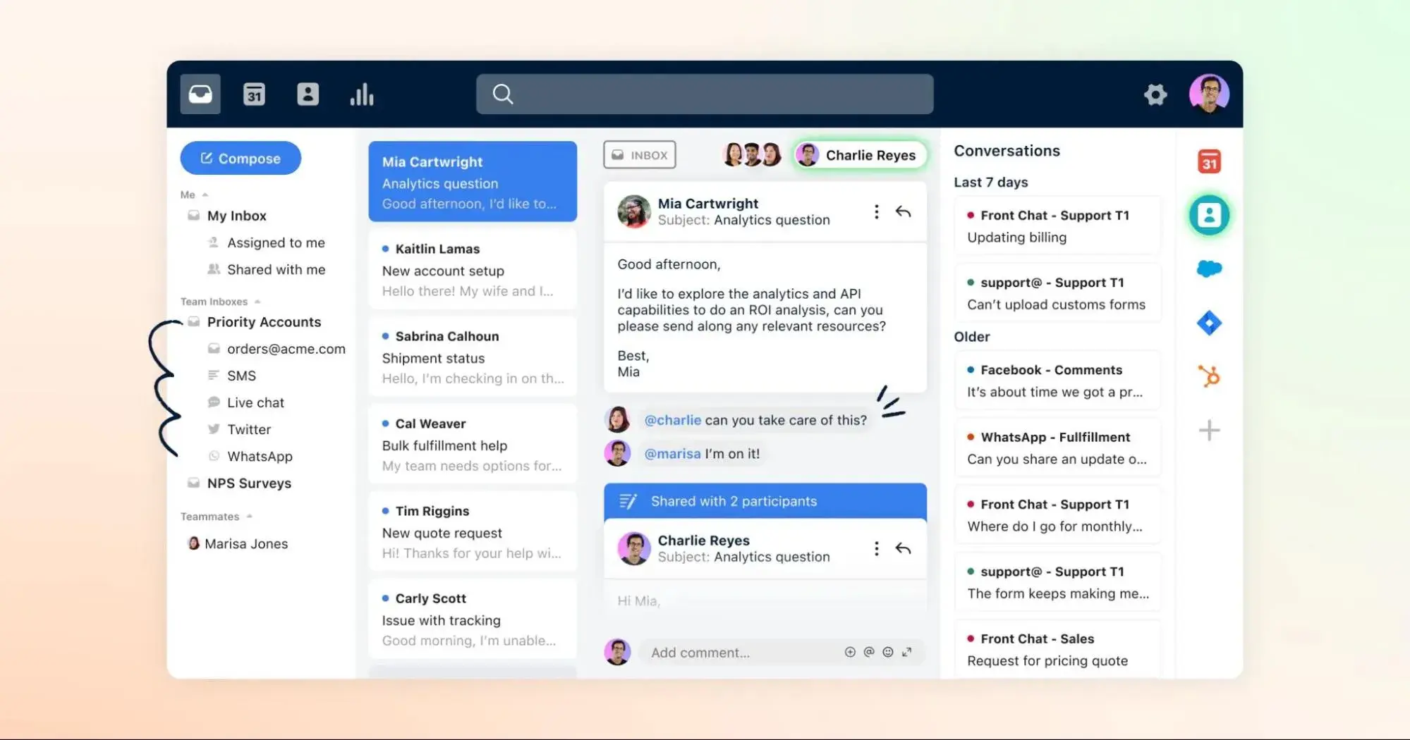 Front app dashboard displaying a unified inbox with email, SMS, and social media integration, highlighting collaboration tools and automated workflows.