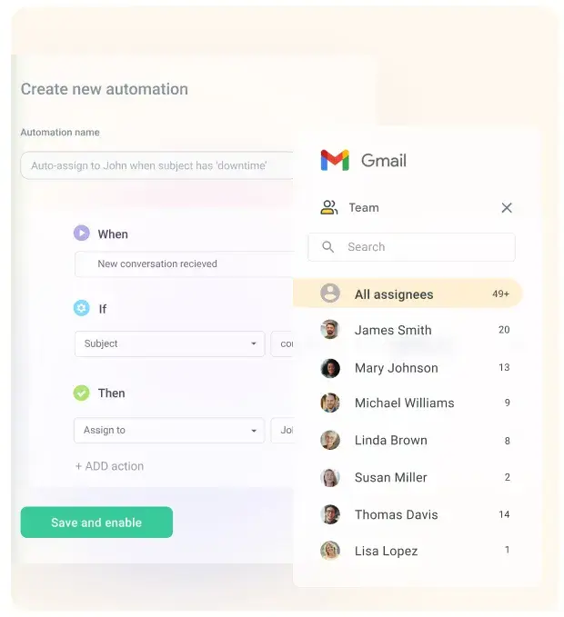 Screenshot of Hiver's user interface showcasing email delegation and shared drafts features within Gmail.