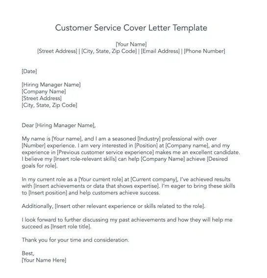 A template for writing a customer service cover letter with experience, highlighting skills and achievements.