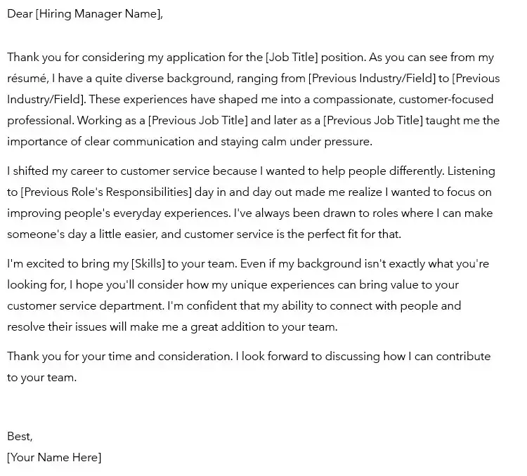 A short cover letter for customer service highlighting a career shift and relevant skills.