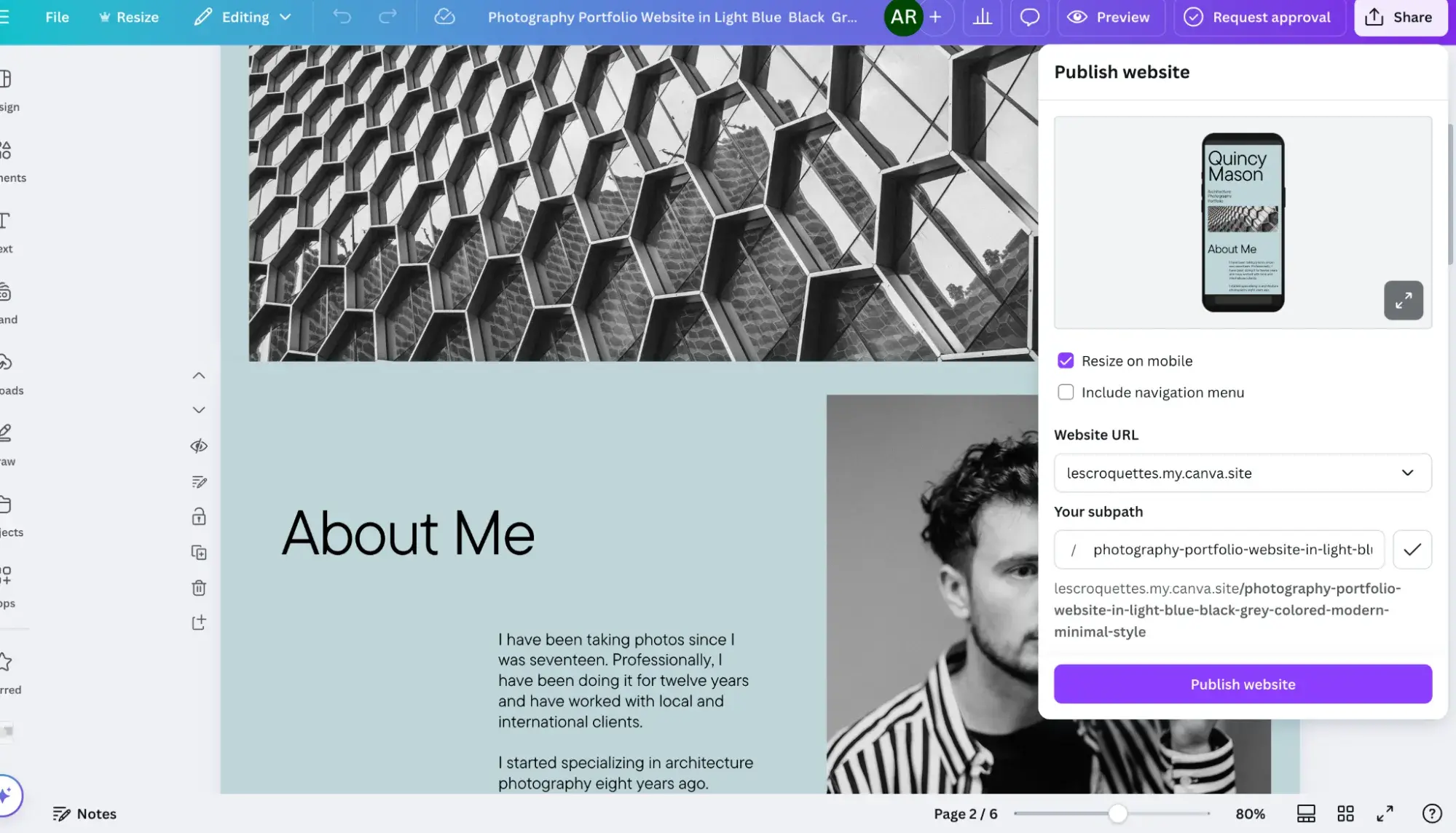 publishing a simple website template in canva