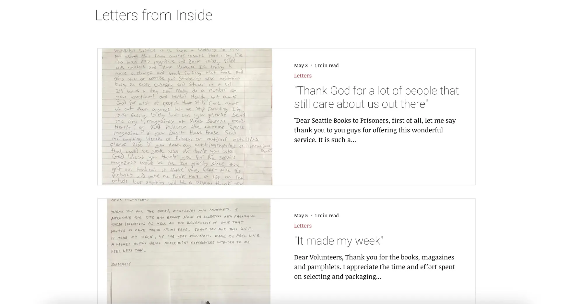 screenshot of books to prisoners letters from the inside page