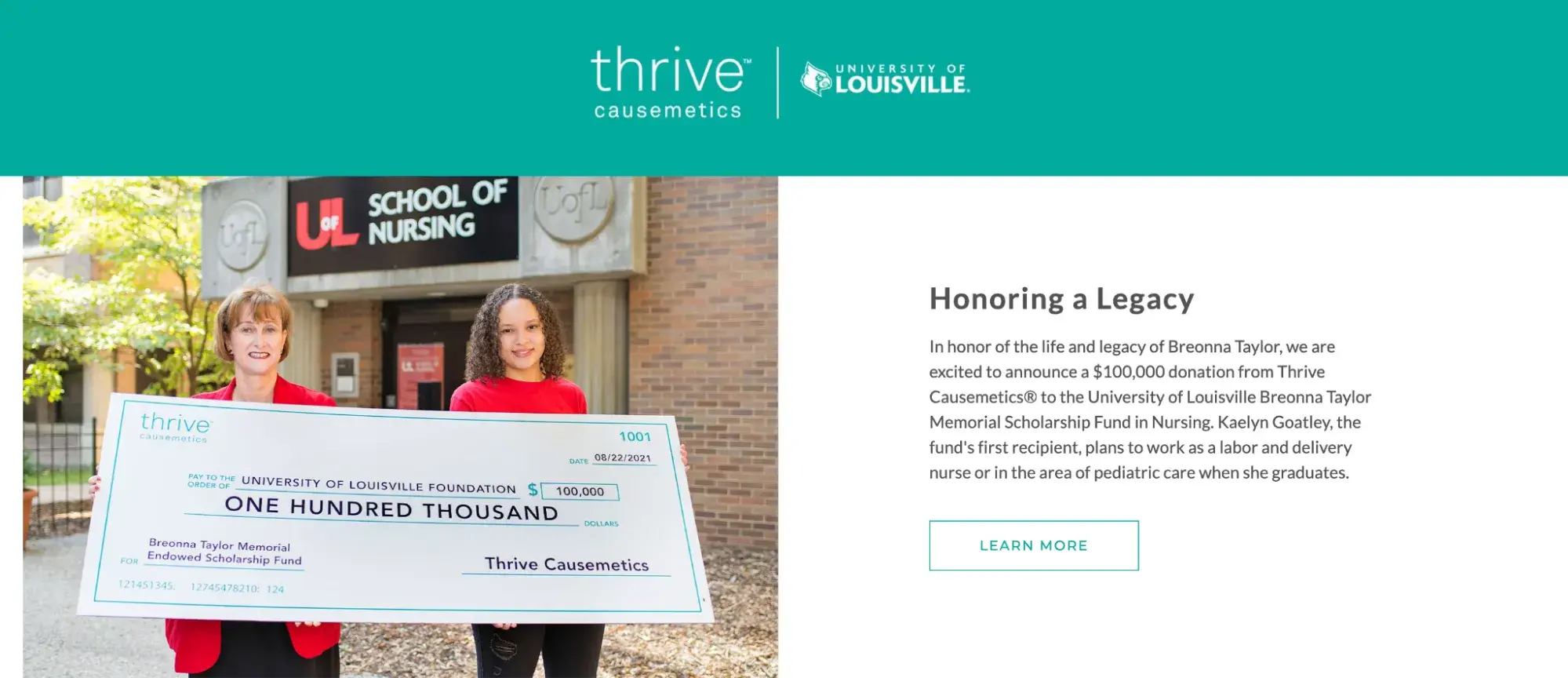  screenshot of thrive causemetics breonna taylor memorial scholarship fund