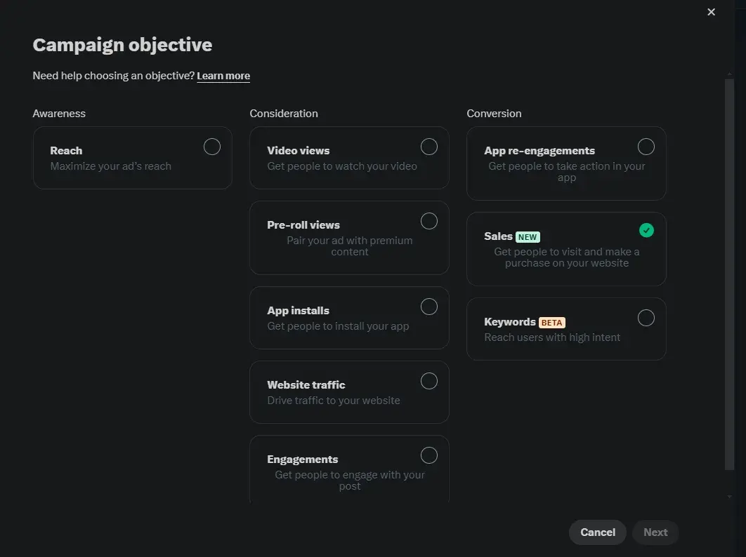 examples of more campaign objectives when boosting a post on x