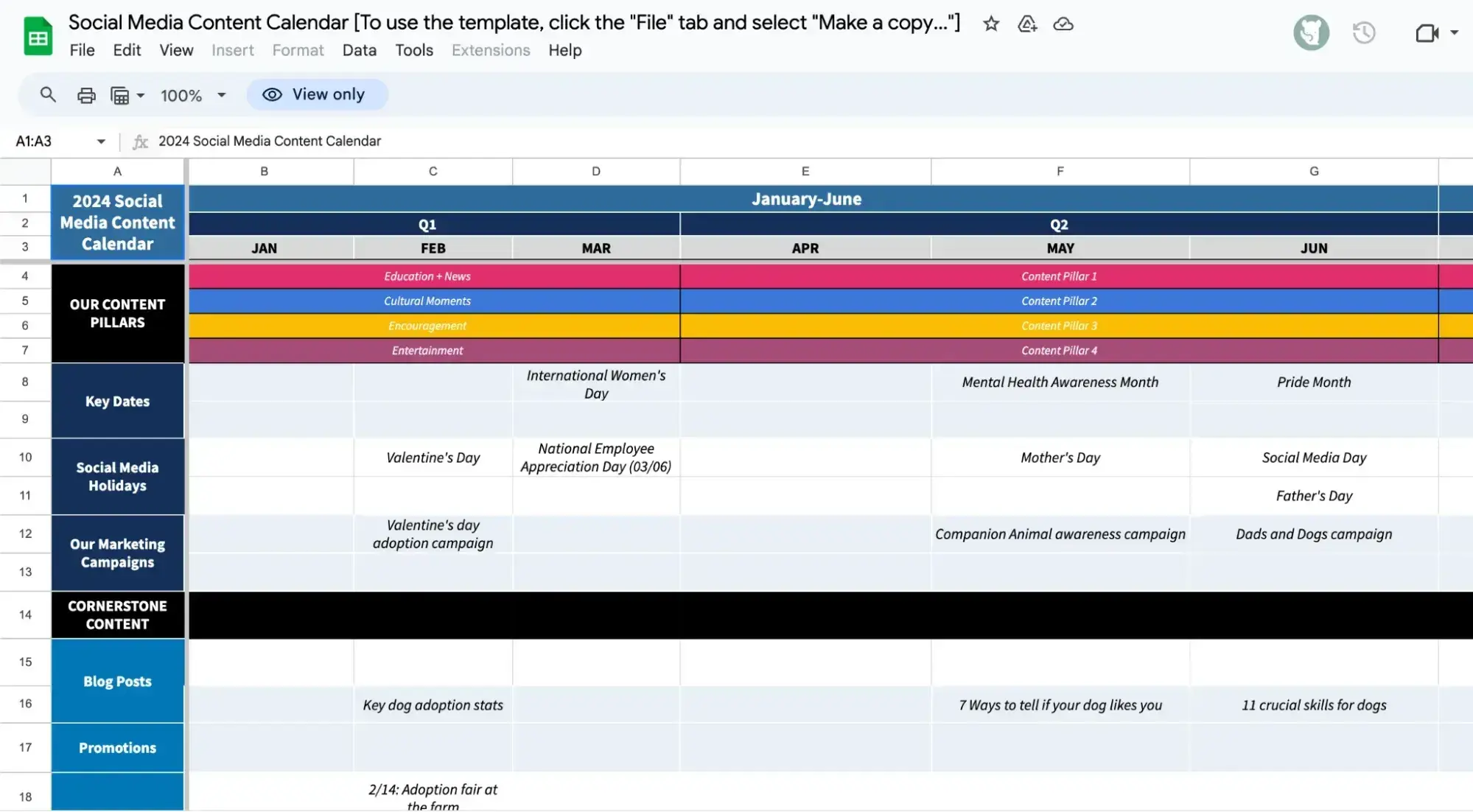 Screenshot showing Hootsuite's social media calendar template and color-coded table