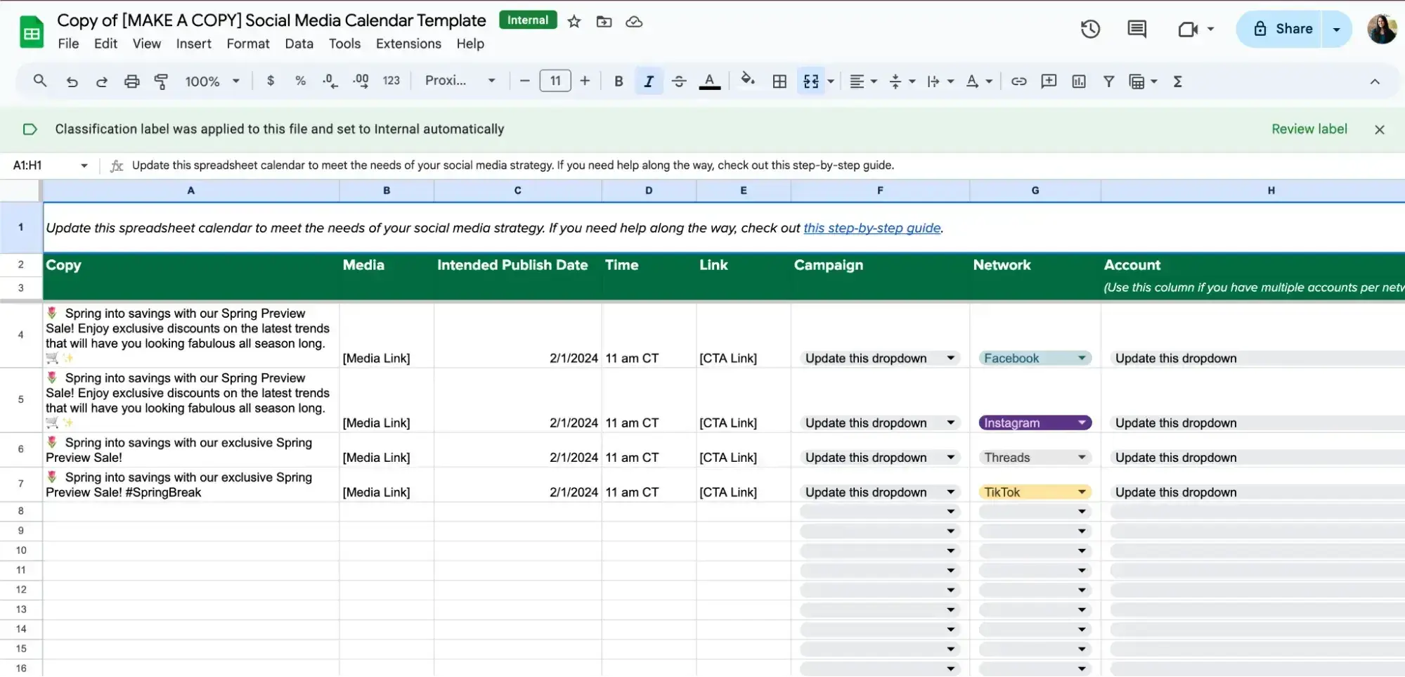 Screenshot showing Sproutsocial's social media calendar template, a comprehensive table with campaign network drop-down menus, and more