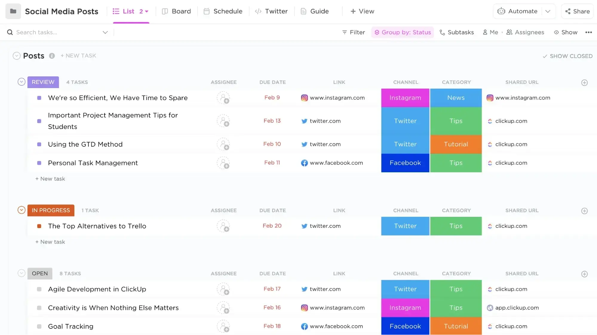 Screenshot showing Clickup's social media calendar template, a color-coded project board within the tool