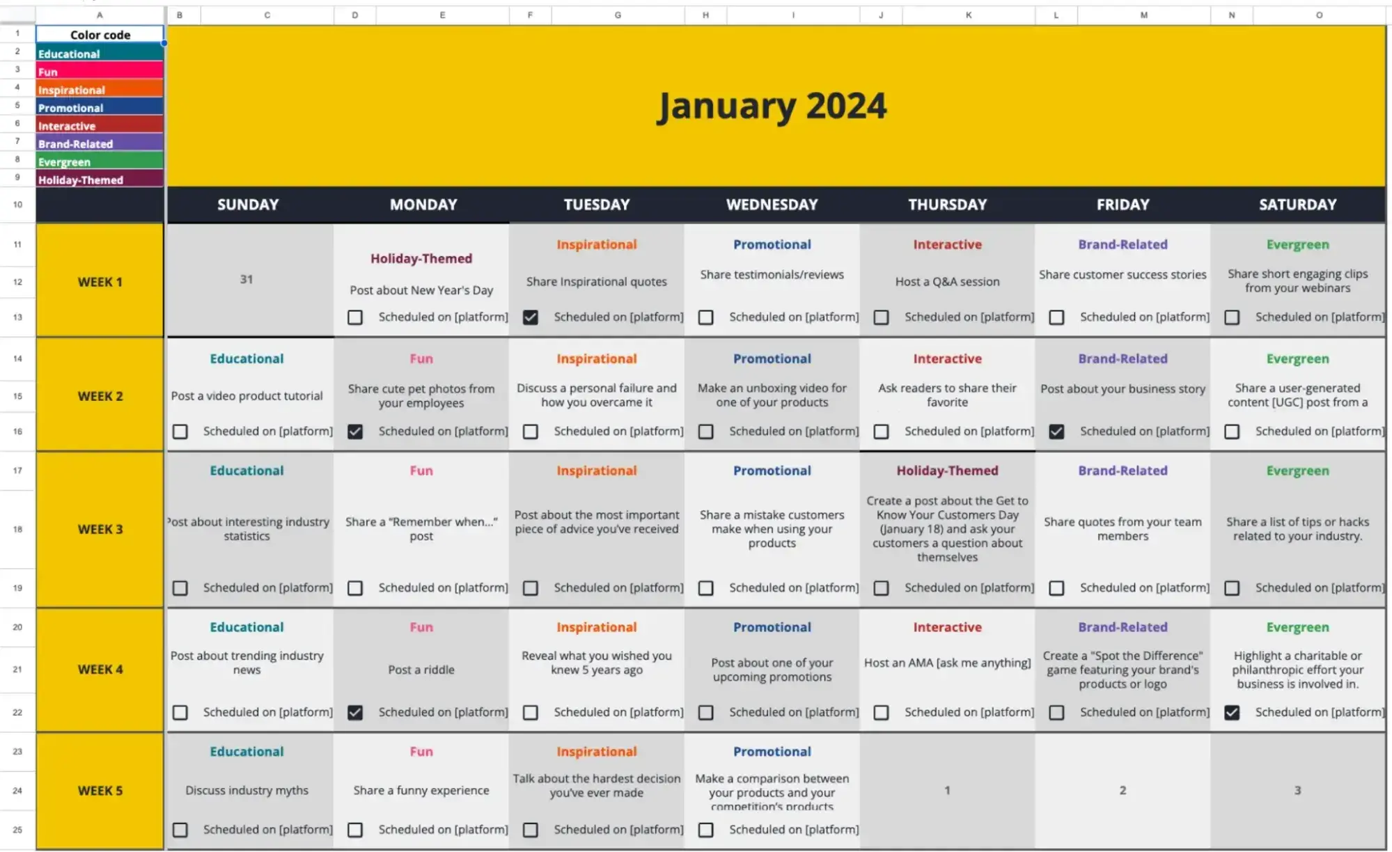 Screenshot showing Socialbee's social media calendar template, a comprehensive table with tabs for each month and post ideas for each day, image source