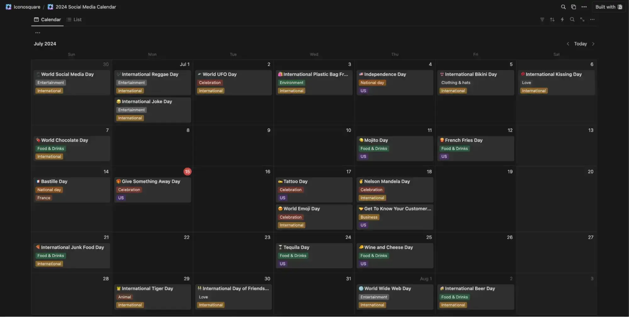 Screenshot showing Iconosquare's social media calendar template, a monthly calendar that can be used in Notion or Google Calendar