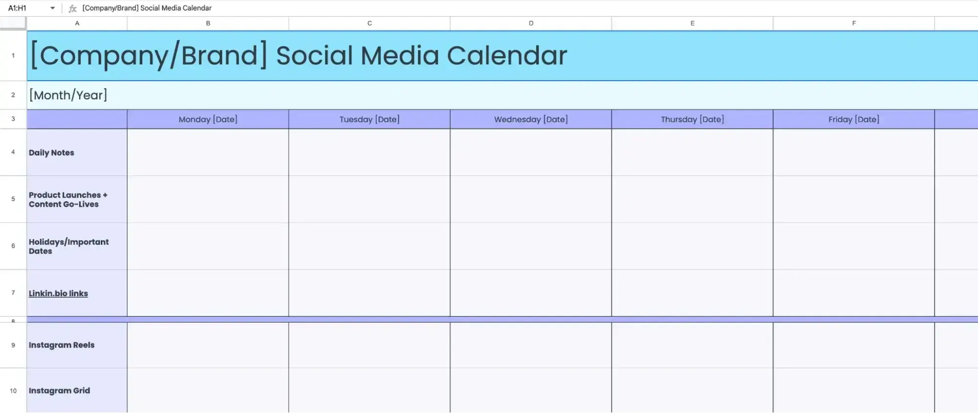 Screenshot showing Later's social media calendar template, a light blue and lavender spreadsheet image source