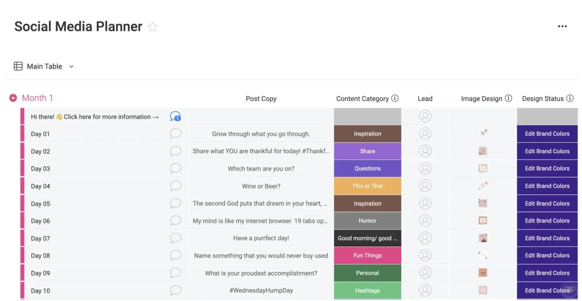 Screenshot showing the Monday social media calendar template, a color-coded project board for use in the tool image source