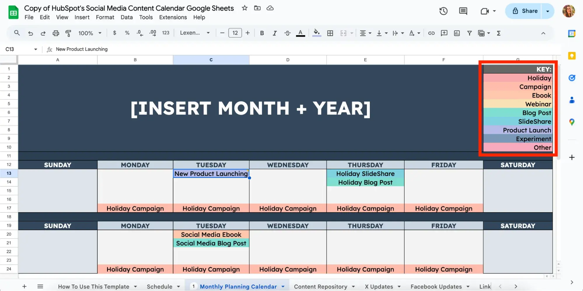 What is a Social Media Calendar? Screenshot showing a color-coded key