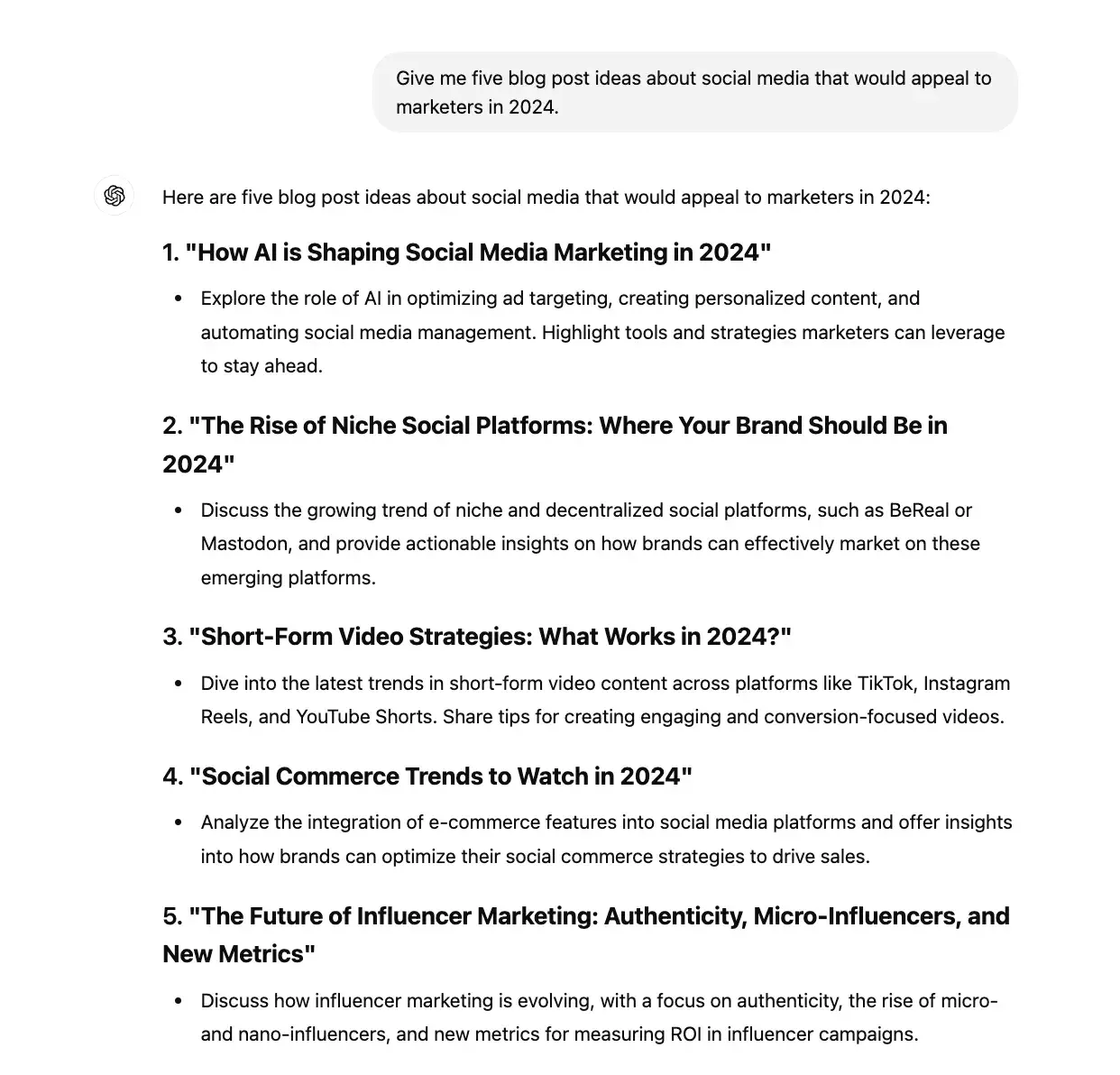 ChatGPT response example that gives me five blog post ideas about social media that would appeal to marketers in 2024