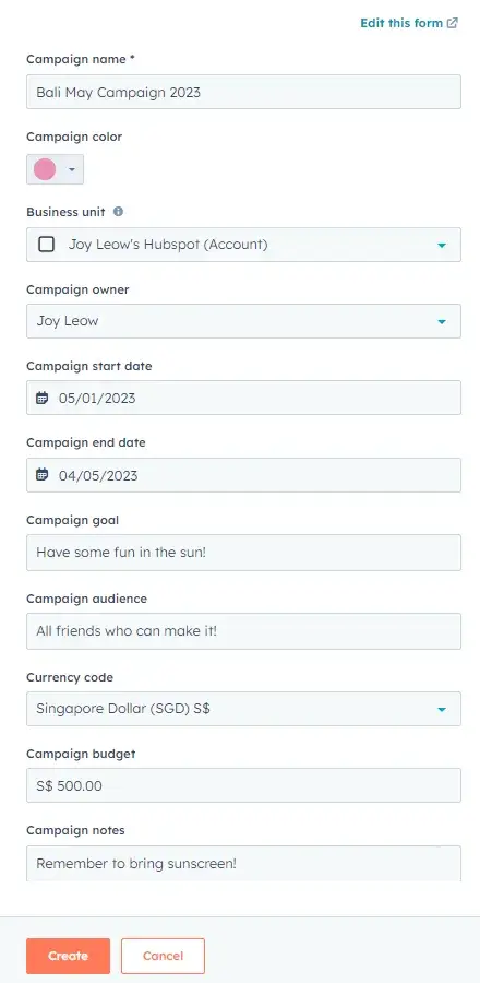 screenshot of the form you fill out to create a campaign in hubspot