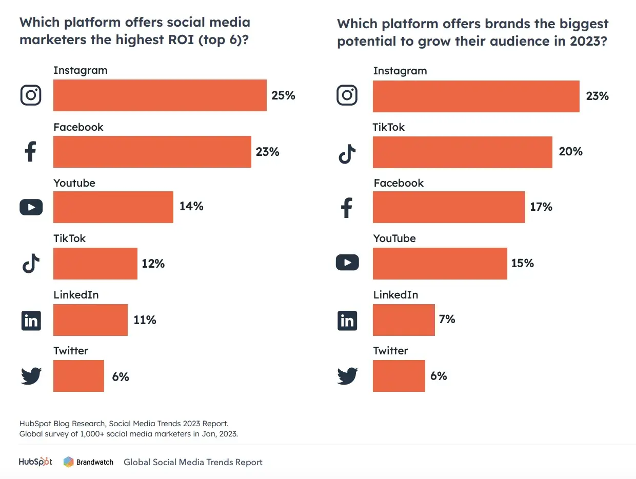 Charts ranking different social platforms based on ROI and audience growth potential