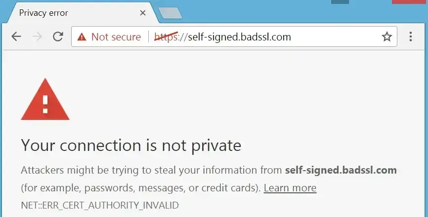 Screenshot of a website showing SSL certificate not trusted error