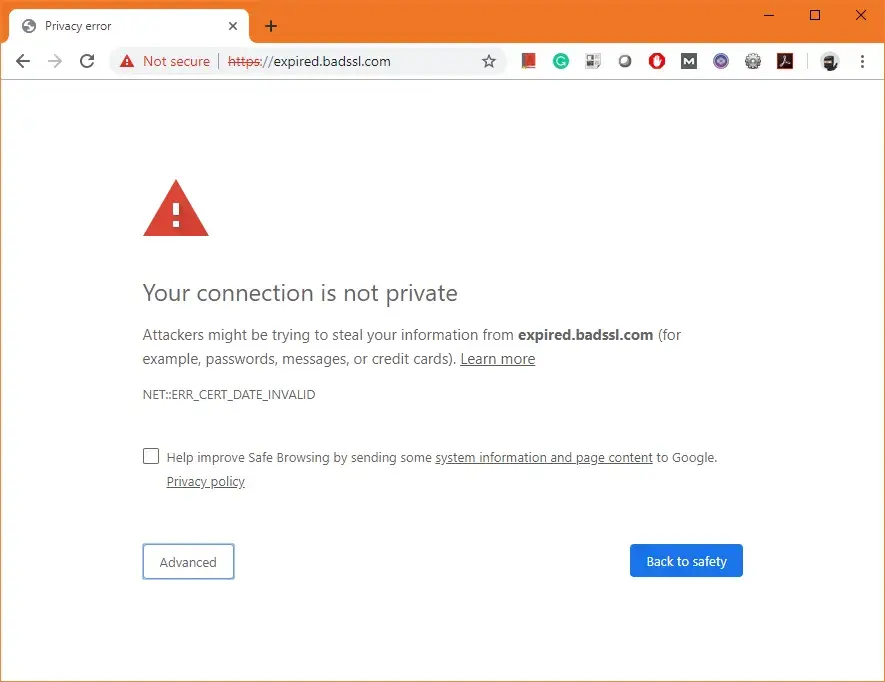 Screenshot of a website showing an expired SSL certificate error