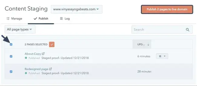 Content Staging Page with a checkbox for selecting multiple pages indicated along with a button labeled ‘Publish 2 pages to live domain’
